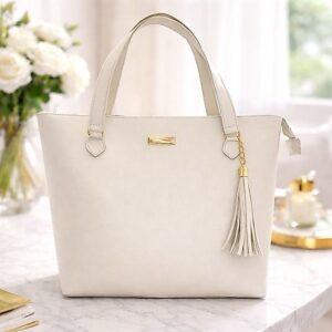 Bolsa Sacola com Zíper e Metal Dourado Marfim